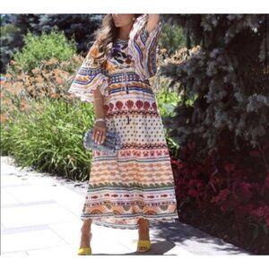 Farm Rio Salt Island Dress Womens Small Beaded Embroidered Midi‎ Drawstring